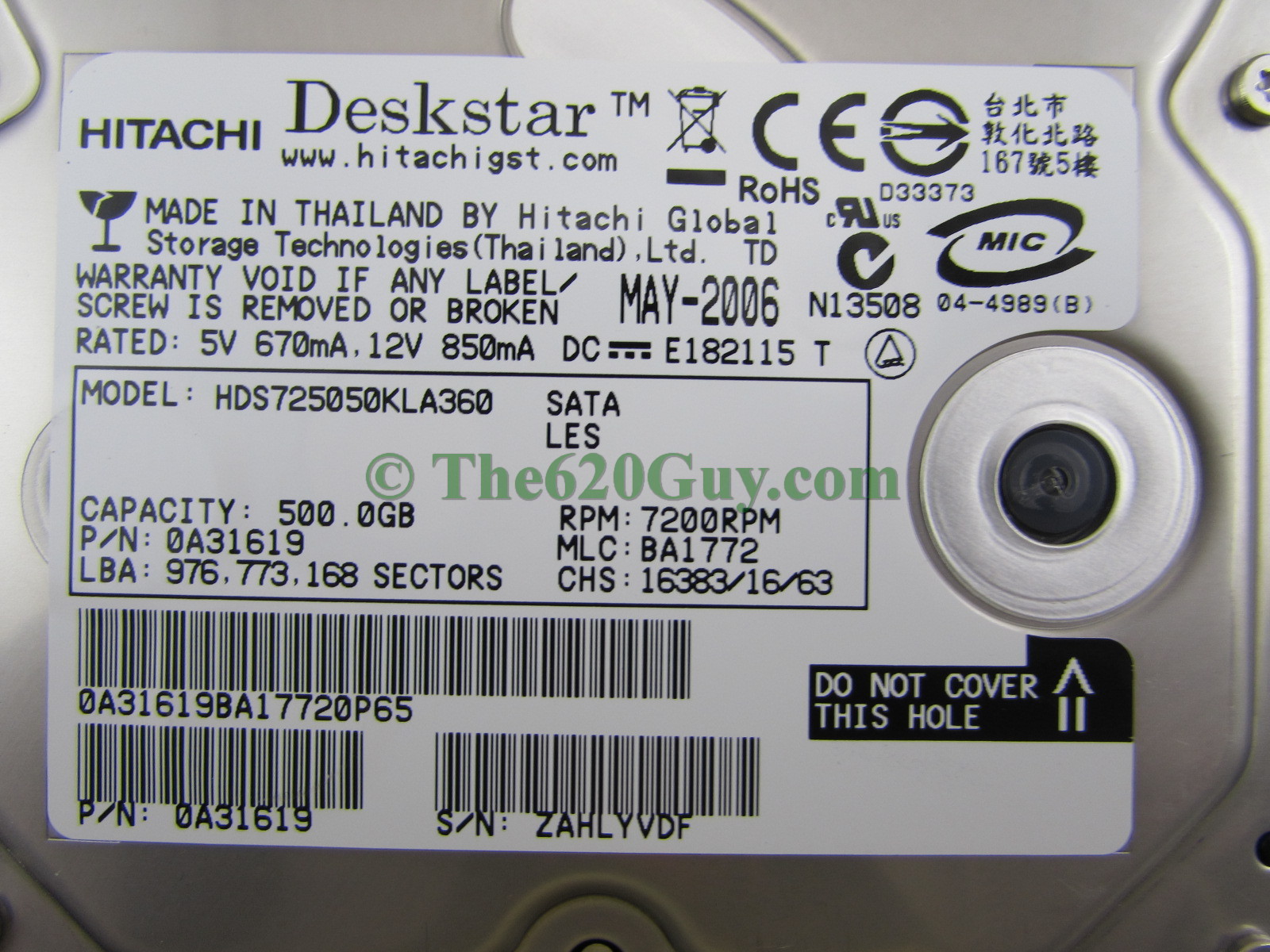 Hitachi HDS725050KLA360 500GB 7.2K 16MB SATA Hard Drive P/N: 0A31619 ...