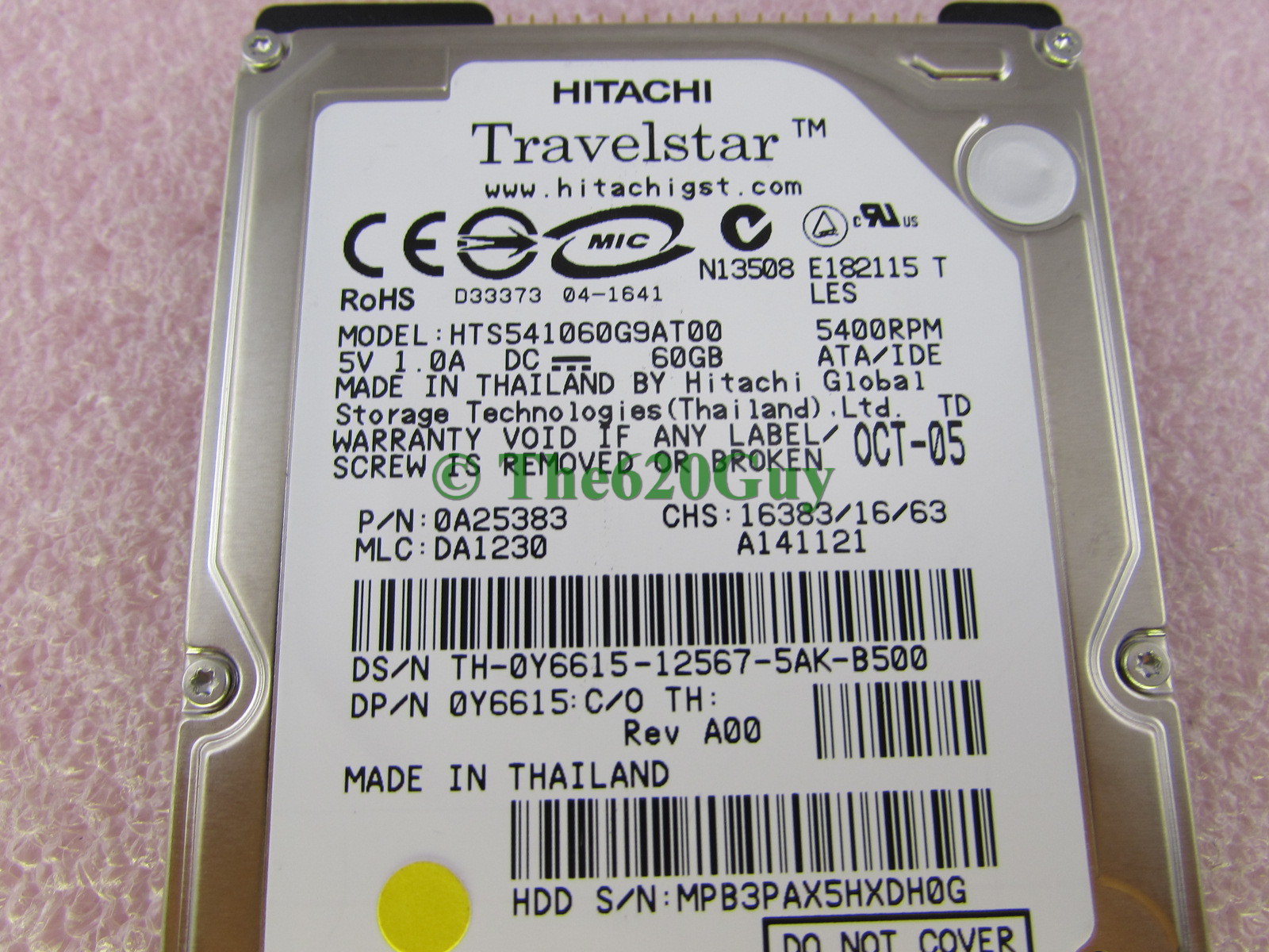 Hitachi HTS541060G9AT00 60GB IDE Laptop Hard Drive 0A25383 Dell Y6615 MCL DA1230