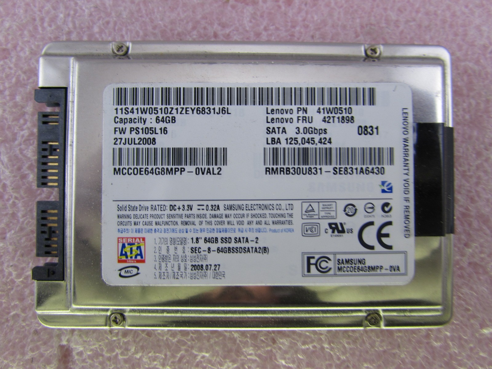 Lenovo 64gb Ssd 1 8 Sata Solid State Drive 42t1898 41w0510 Samsung Mcc0e64g8mpp The620guy Com