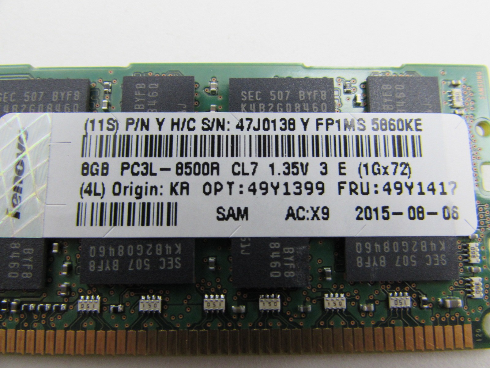 FRU#49Y1417 IBM Samsung 8GB 4RX8 PC3L-8500R MEMORY PN# M393B1K73DH0-YF8