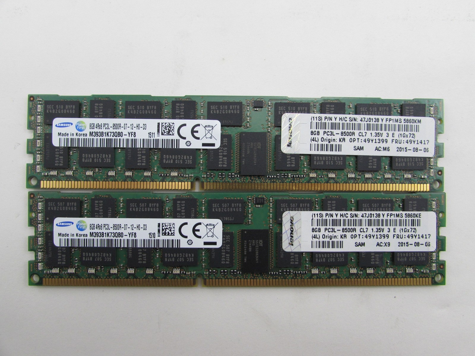FRU#49Y1417 IBM Samsung 8GB 4RX8 PC3L-8500R MEMORY PN# M393B1K73DH0-YF8