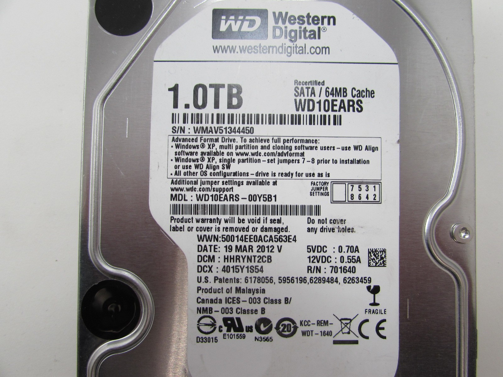 Western Digital WD10EARS-00Y5B1 1TB 5400RPM 64MB 3.5" SATA Hard Drive ...